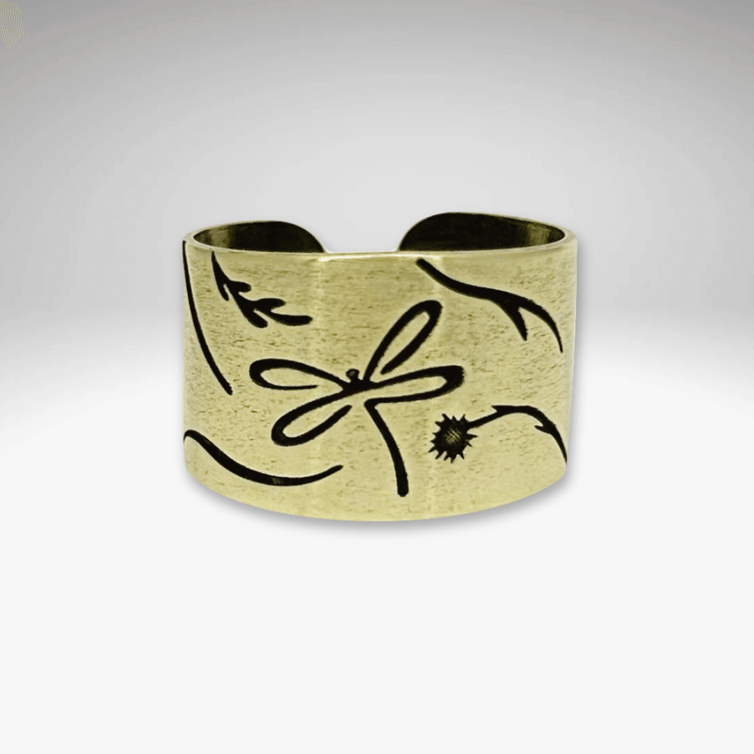 Dragonfly Adjustable Ring in Antique Brass with delicate botanical designs, perfect for sizes 8-10 finger or thumb.