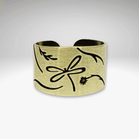 Dragonfly Adjustable Ring in Antique Brass with delicate botanical designs, perfect for sizes 8-10 finger or thumb.