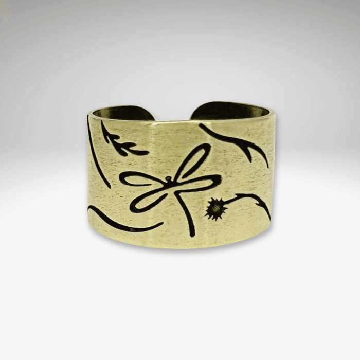 Dragonfly Adjustable Ring in Antique Brass with delicate botanical designs, perfect for sizes 8-10 finger or thumb.
