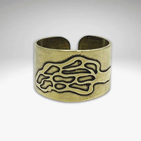Morel Adjustable Ring in Antique Brass finish featuring an etched Morel design.
