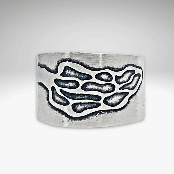 Morel Adjustable Ring with etched Morel design, showcasing its unique Matte Silver finish.