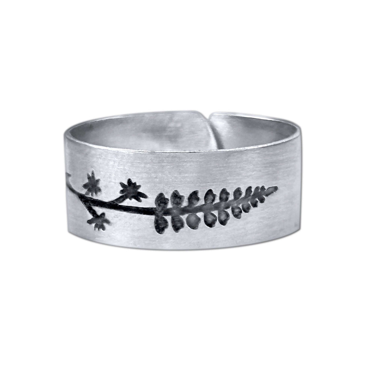 Lupine Adjustable Ring in matte silver featuring a detailed wildflower design, adjustable for sizes 7 to 11.