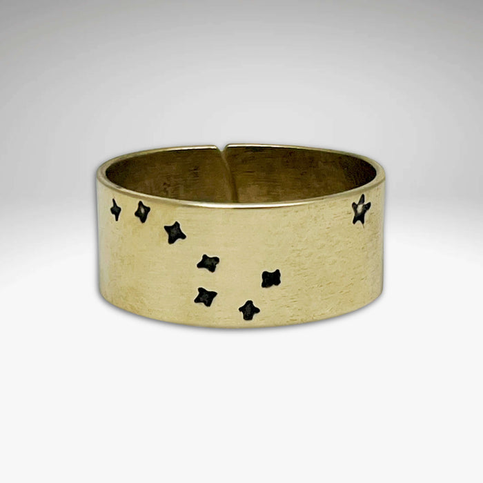Big Dipper 2, Adjustable Ring featuring star etchings on raw brass design.