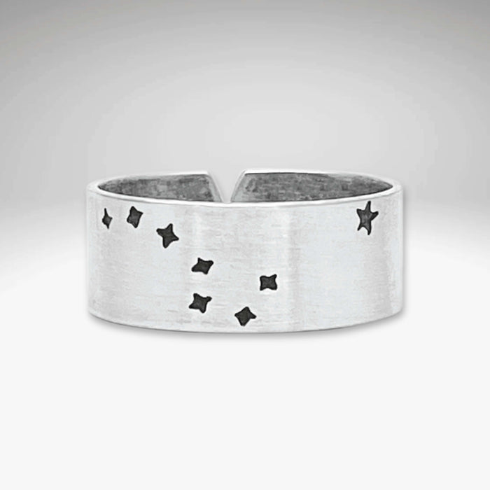 Big Dipper 2, Adjustable Ring with etched stars in Matte Silver finish.