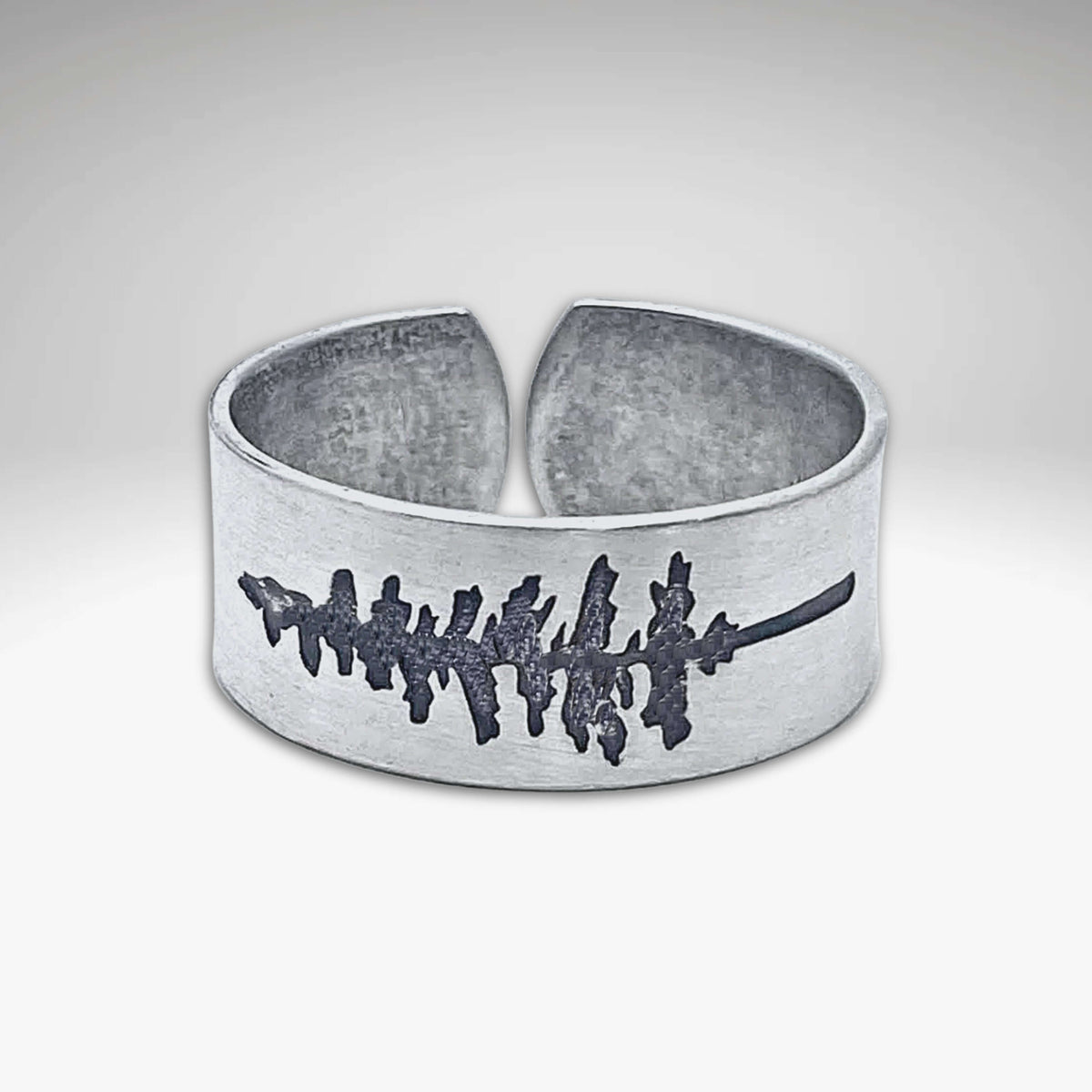 P Pine Adjustable Ring in matte silver with pine tree design, featuring an adjustable size from 7 to 11.