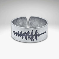 P Pine Adjustable Ring in matte silver with pine tree design, featuring an adjustable size from 7 to 11.