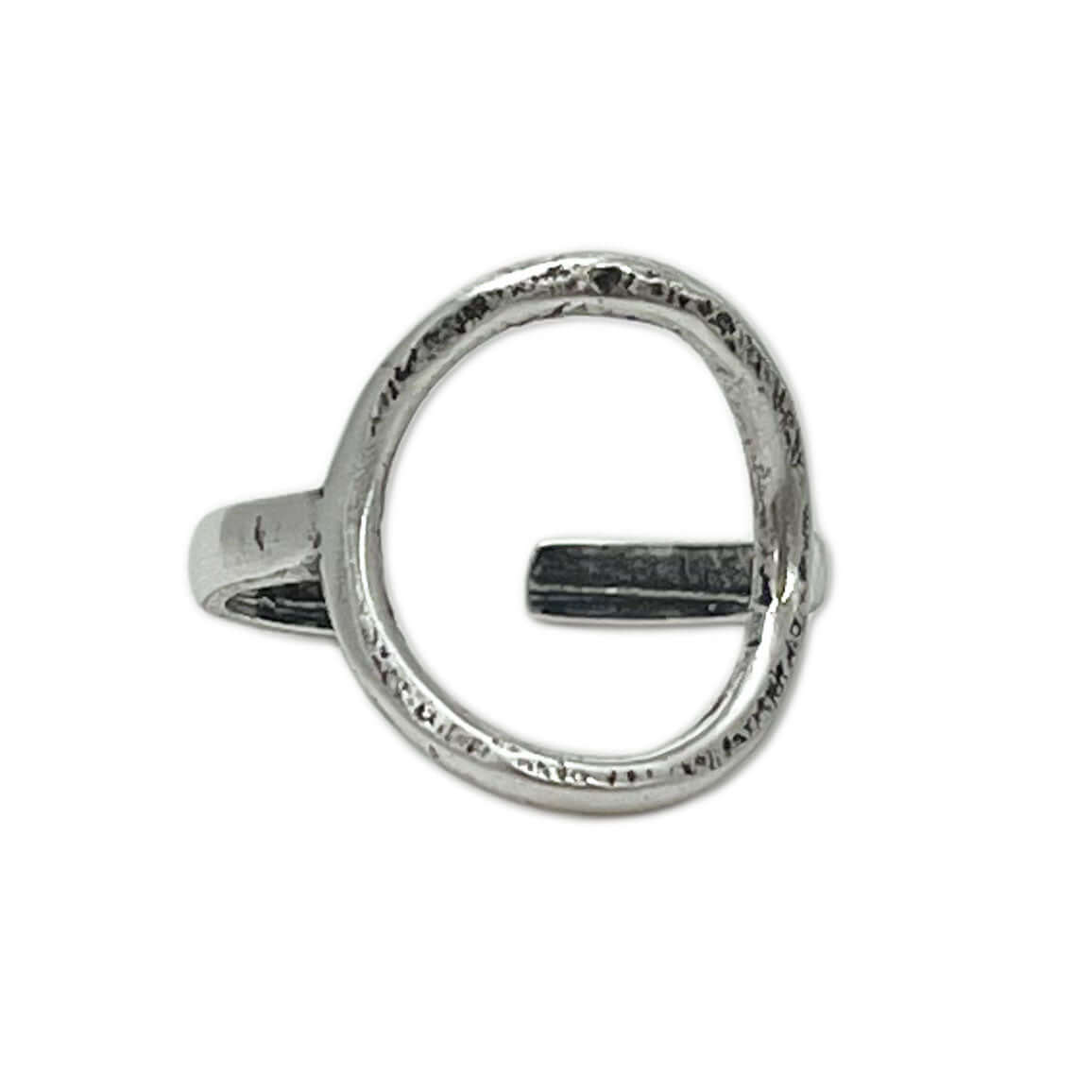 Halo Adjustable Ring in matte silver finish, featuring a textured design, suitable for finger sizes 5.5 to 8.5.