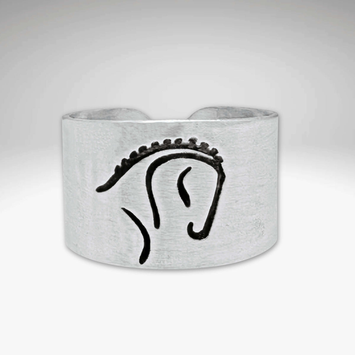 White Horse Adjustable Ring in Matte Silver featuring a dressage horse silhouette, ideal gift for equestrians.