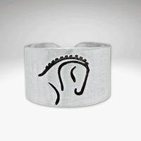 White Horse Adjustable Ring in Matte Silver featuring a dressage horse silhouette, ideal gift for equestrians.