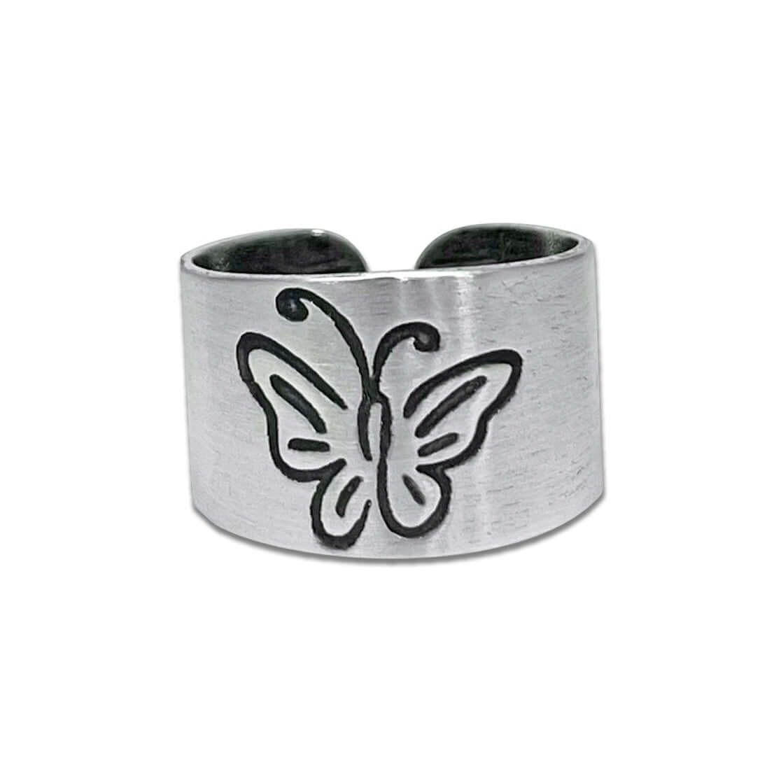 Butterfly adjustable ring in matte silver with whimsical butterfly design, simple and elegant style.