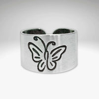 Butterfly Adjustable Ring in Matte Silver, featuring an elegant asymmetrical butterfly design.