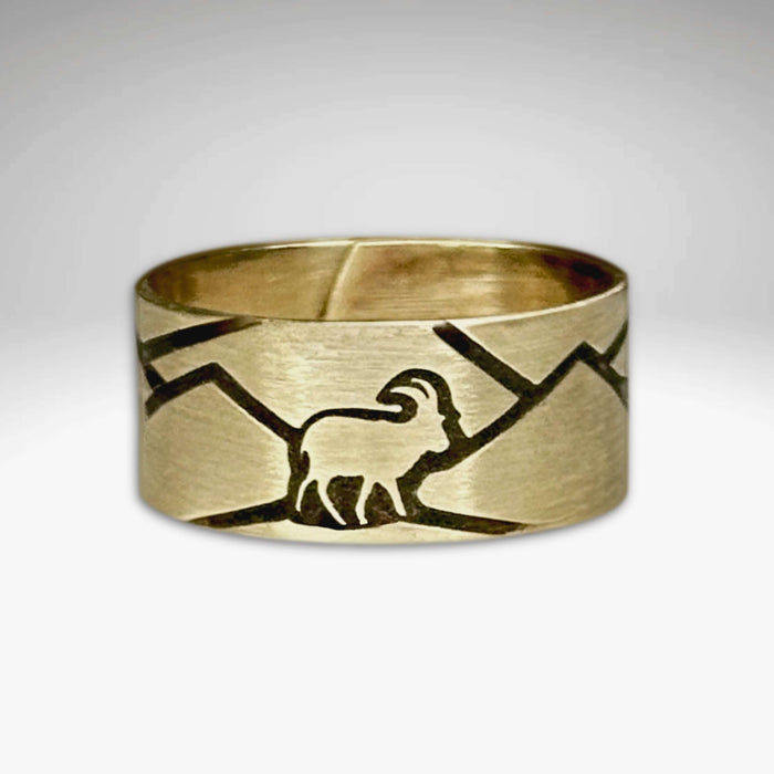 Mountain Goat Adjustable Ring in Antique Brass finish featuring goat and mountain peak design