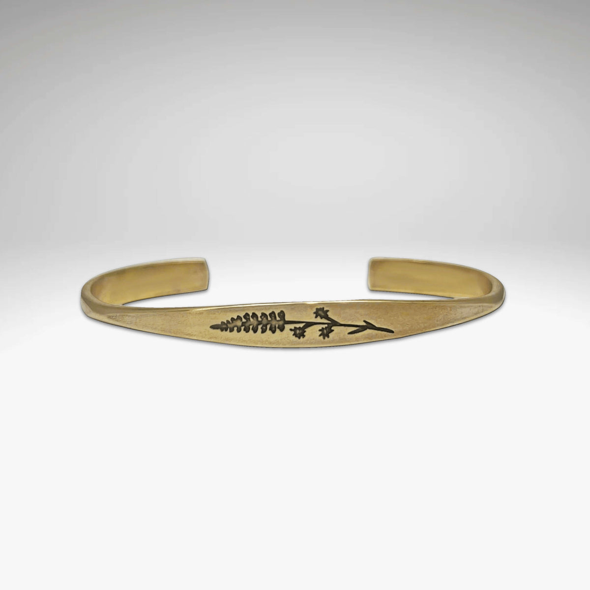 Lupine Flower Cuff Bracelet featuring delicate flower design on adjustable brass cuff, perfect for everyday wear.