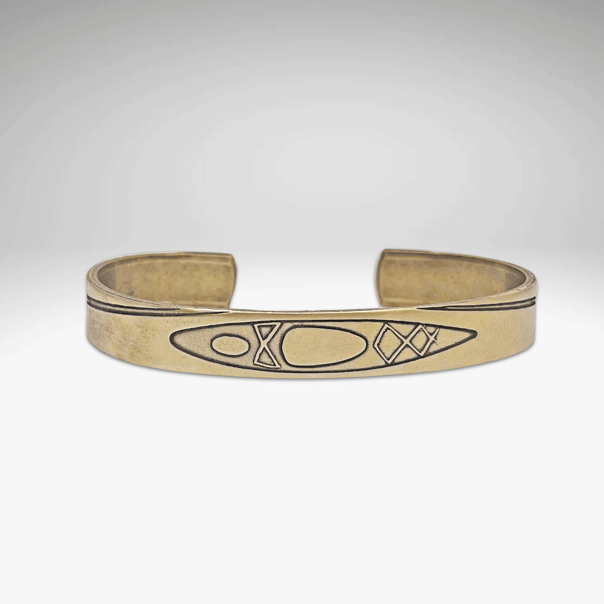 River Run Kayak Cuff Bracelet showcasing a Raw Brass design with kayak etching, adjustable for men and women.