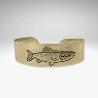 Antique brass Steelhead Cuff Bracelet featuring an engraved steelhead design, perfect for fly fishing enthusiasts.