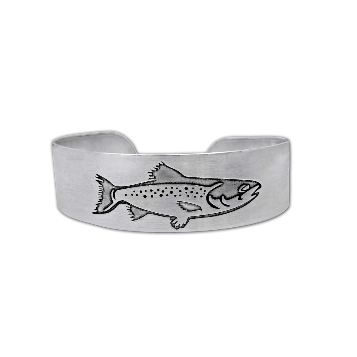 Matte Silver Steelhead Cuff Bracelet featuring an engraved steelhead design, perfect for fly fishing enthusiasts.