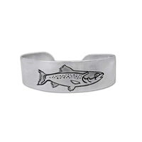 Matte Silver Steelhead Cuff Bracelet featuring an engraved steelhead design, perfect for fly fishing enthusiasts.