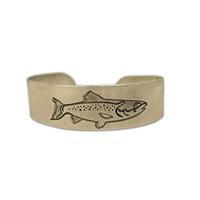 Antique brass Steelhead Cuff Bracelet featuring an engraved steelhead design, perfect for fly fishing enthusiasts.