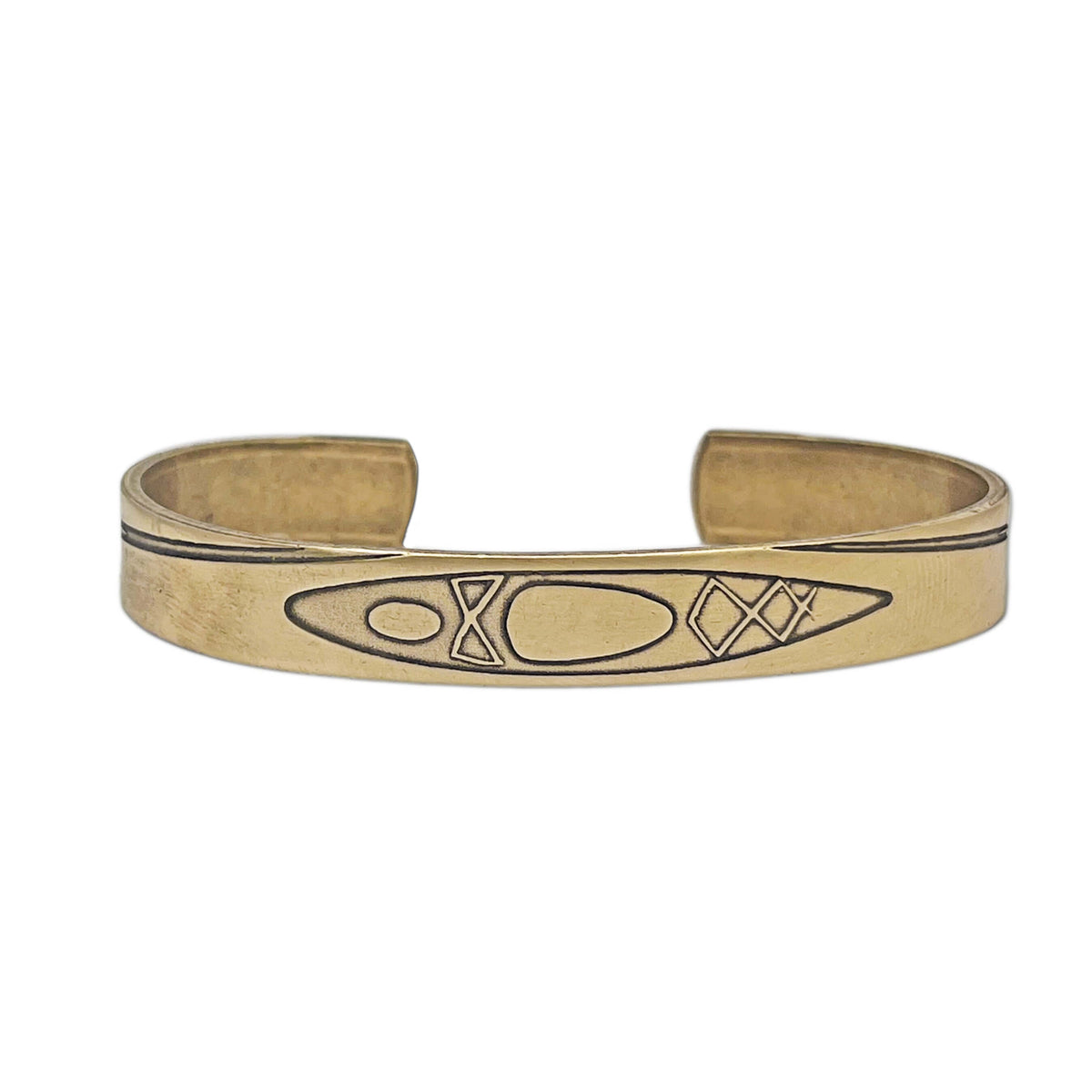 River Run Kayak Cuff Bracelet featuring a detailed kayak design in antique brass finish.