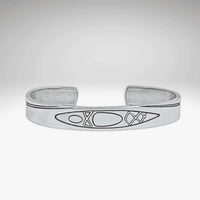 River Run Kayak Cuff Bracelet in Matte Silver finish, featuring acid-free etching design, adjustable for a perfect fit.
