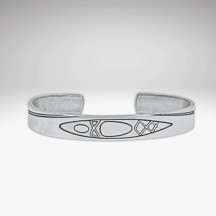 River Run Kayak Cuff Bracelet in Matte Silver finish, featuring acid-free etching design, adjustable for a perfect fit.
