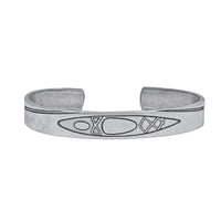 River Run Kayak Cuff Bracelet in Matte Silver finish with kayak etching design.