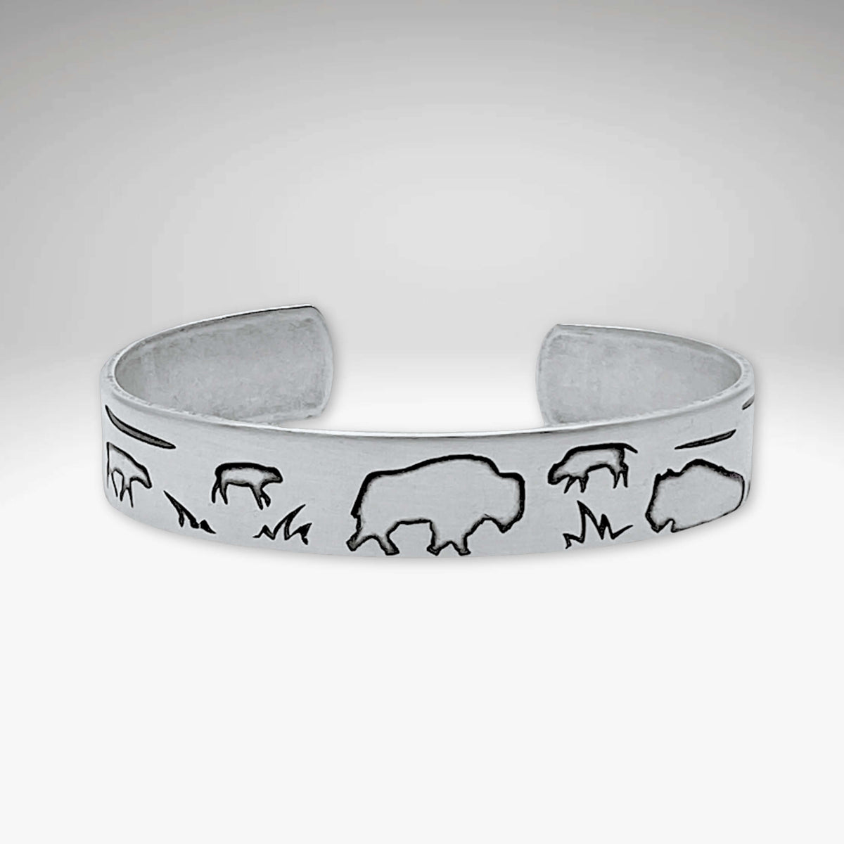 Buff and Babes Cuff Bracelet, adjustable silver cuff featuring bison designs for a seasonal celebration.