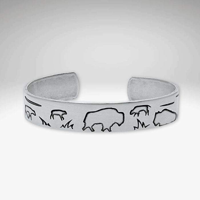 Buff and Babes Cuff Bracelet, adjustable silver cuff featuring bison designs for a seasonal celebration.