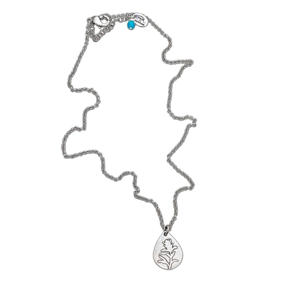 Indian Paintbrush flower necklace on teardrop pendant, featuring a silver chain with an enchanting design.