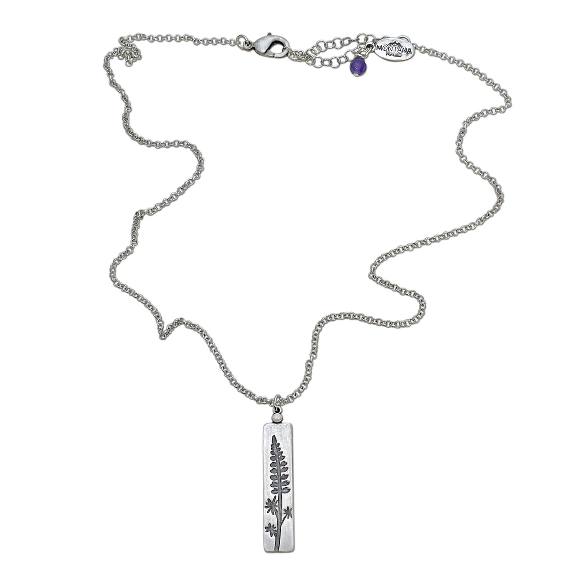 Lupine necklace featuring a silver pendant of a wildflower, on an adjustable rolo chain, perfect for sunny days.