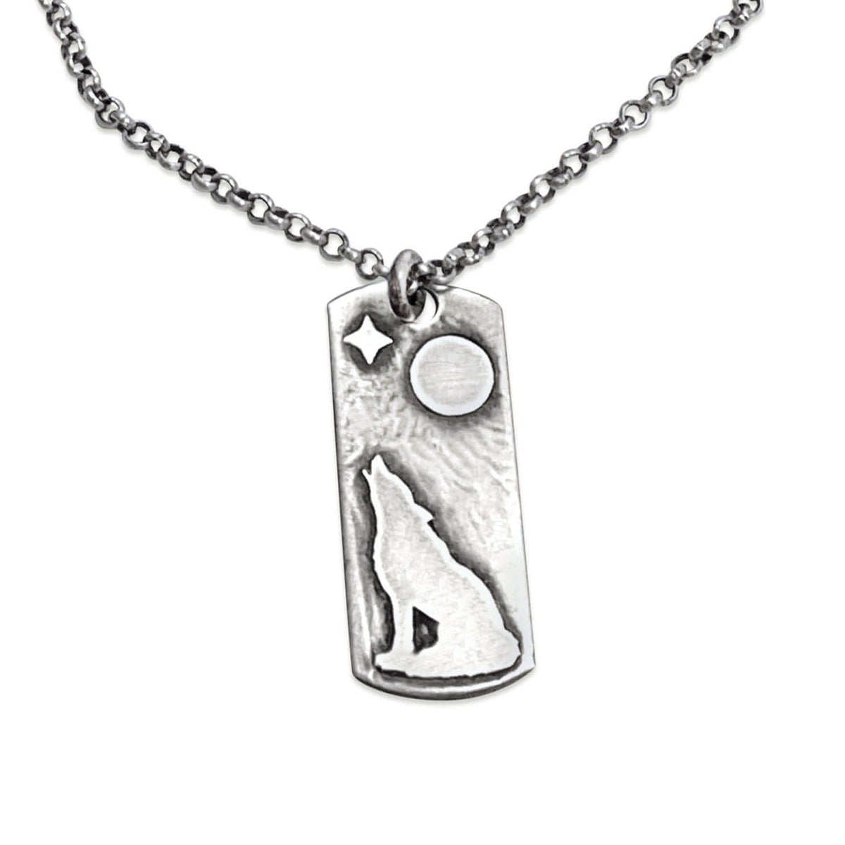 Howl Necklace featuring a wolf, moon, and star design on an adjustable chain.