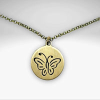 Butterfly necklace pendant with etched butterfly design on adjustable rolo chain, perfect for butterfly lovers.