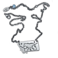 Montana outline pendant with a mama bear and four cubs in matte silver finish on a cable chain.