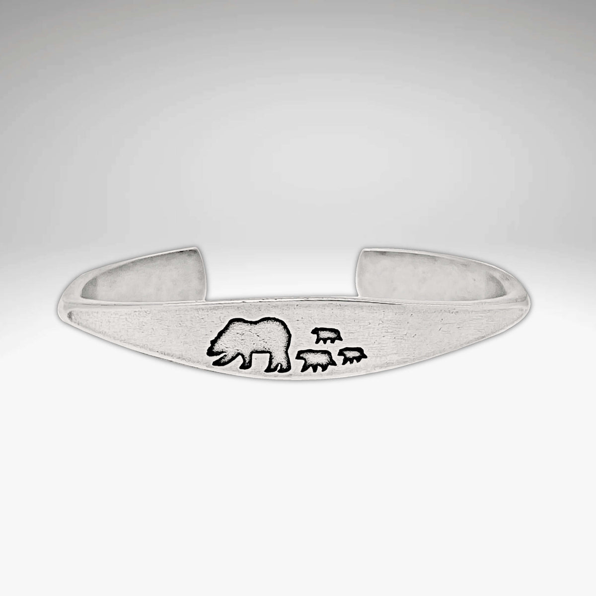 Bear Family Cuff Bracelet featuring a mama bear and three cubs in sleek silver finish, symbolizing family connection.