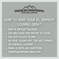 Care instructions for DL jewelry: keep in airtight bag, clean with mild soap, avoid pools and chemicals.