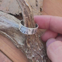 Close-up of the Bear Family Adjustable Ring featuring a bear and trees, perfect for nature lovers.