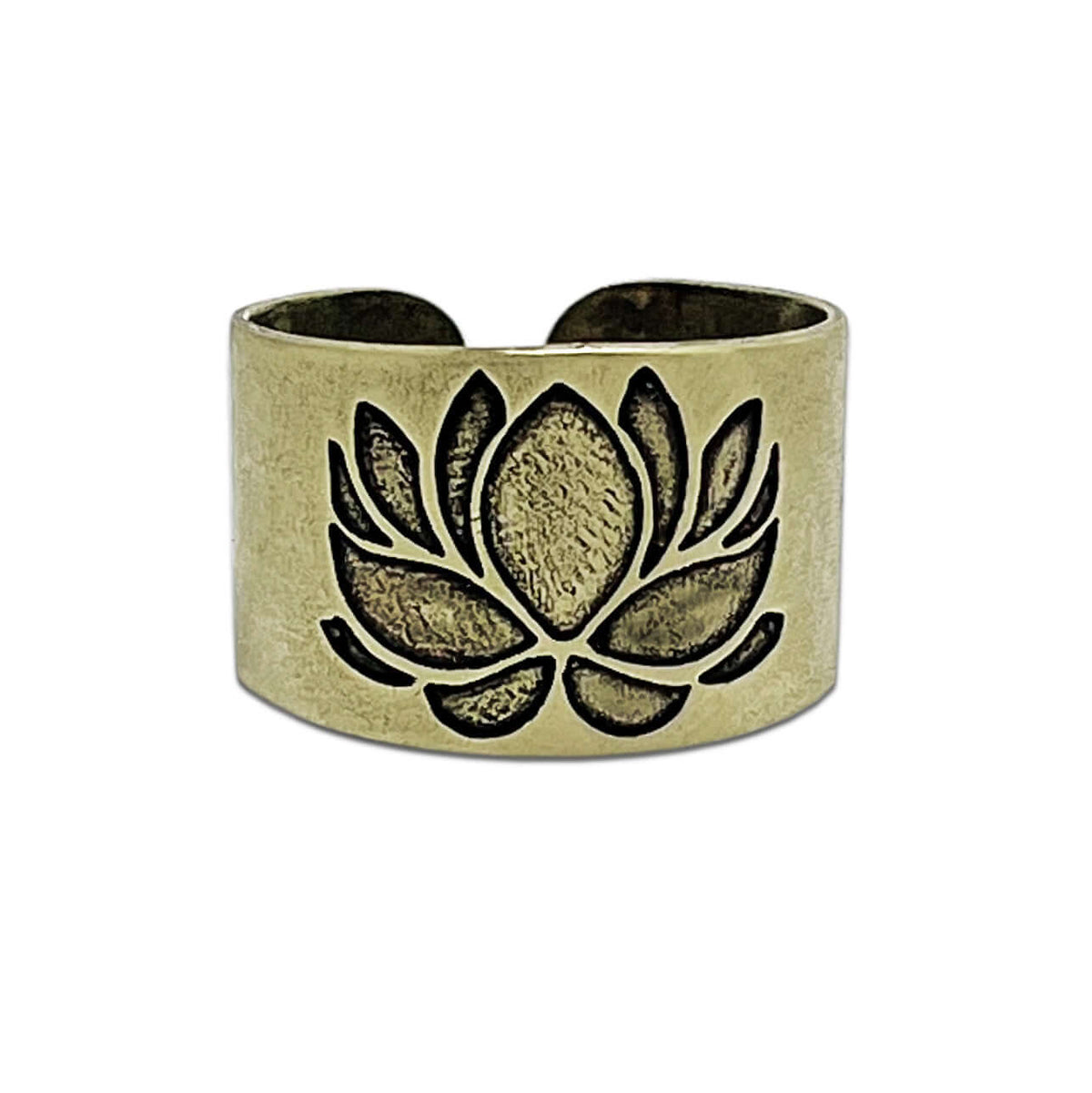 Lotus Adjustable Ring with etched lotus design in antique brass finish, showcasing elegant beauty and uniqueness.