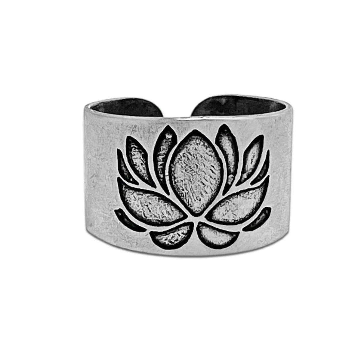 Lotus Adjustable Ring featuring an etched lotus design in matte silver finish, symbolizing elegance and beauty.