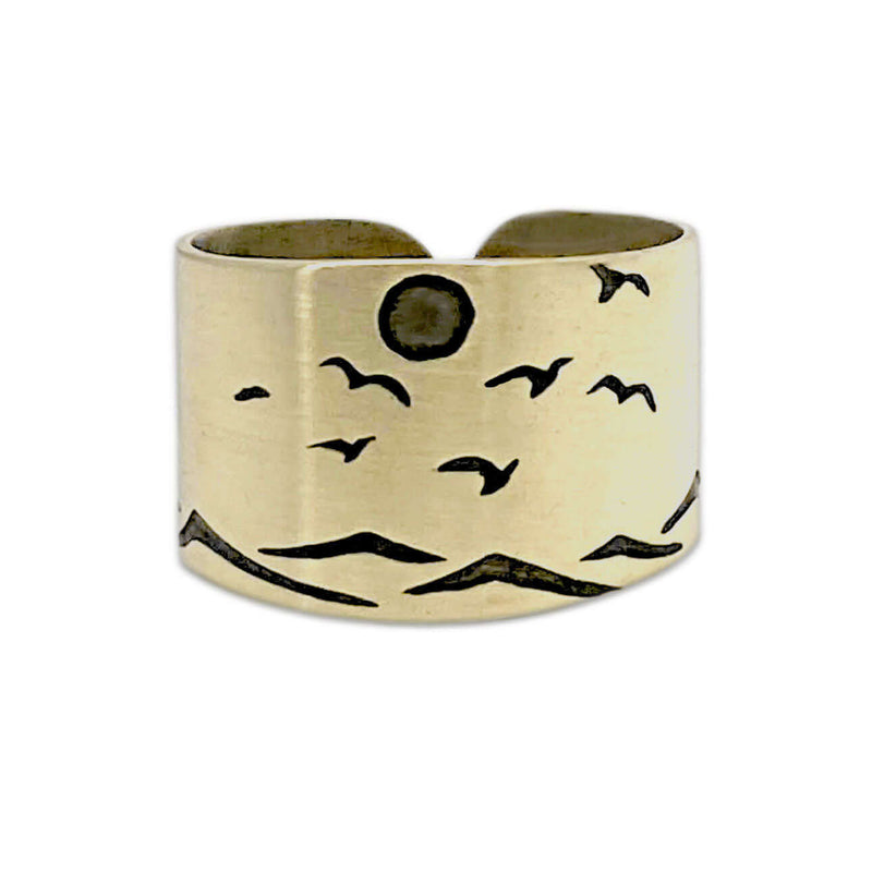 Flyover Adjustable Ring with Mountains, Waves, Full Moon and Birds