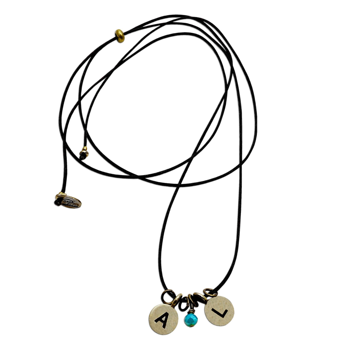 Initial Necklace featuring personalized initials 'A' and 'L' on a black cord with a turquoise bead.
