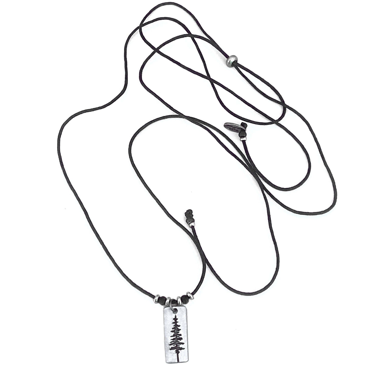Pine Tree Necklace featuring a pendant with Ponderosa Pine design on a black cord.