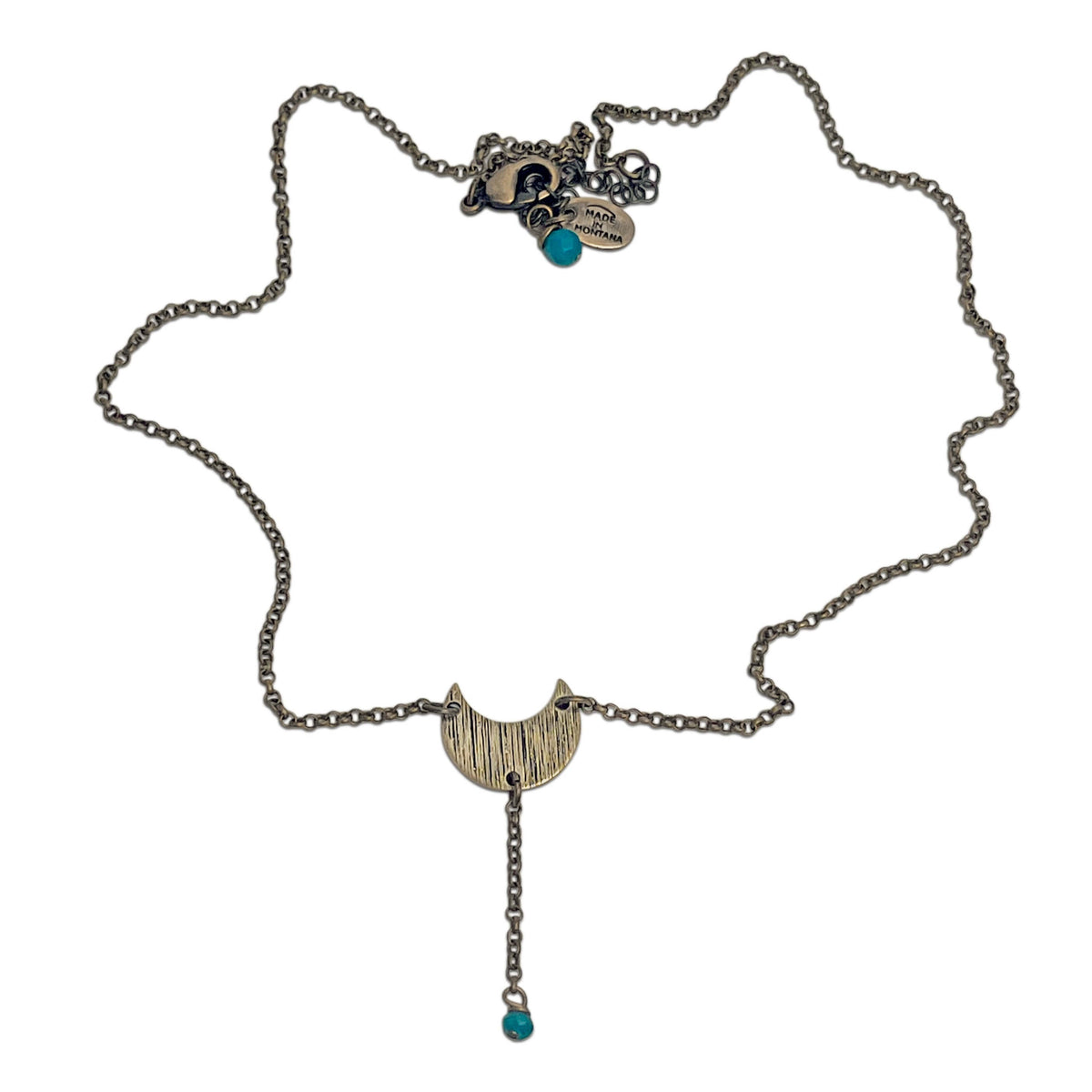 Moonbeam Y Necklace with unique moon-inspired design and turquoise accent, perfect for astrology lovers.