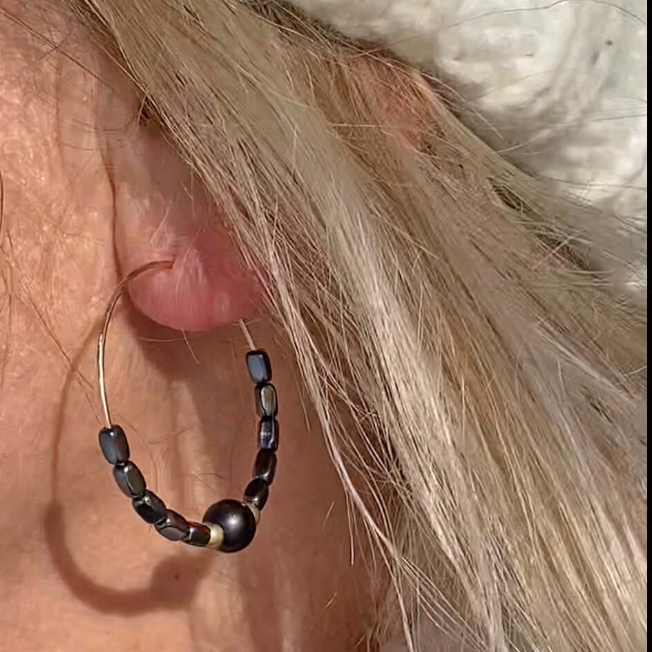 Shun Hematite Beaded Hoop Earrings featuring black shungite and hematite beads, perfect for everyday elegance.