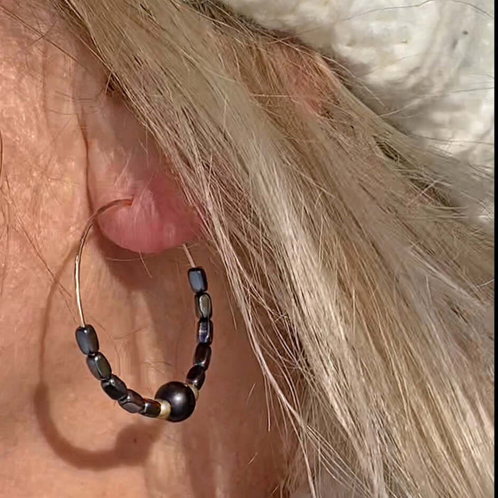 Shun Hematite Beaded Hoop Earrings featuring black shungite and hematite beads, perfect for everyday elegance.