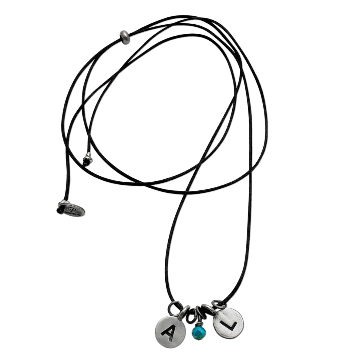 Initial Necklace with AL initials, turquoise bead, and black cord for personalized style.