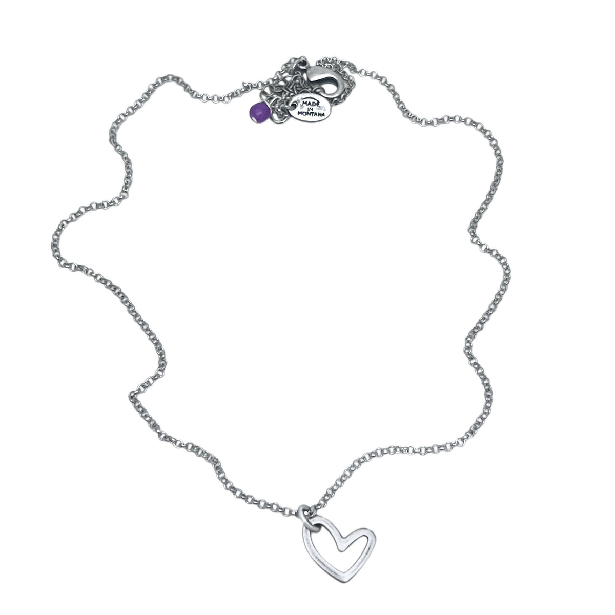 Open Heart Necklace featuring a handmade design with a delicate silver chain and a charming heart pendant.