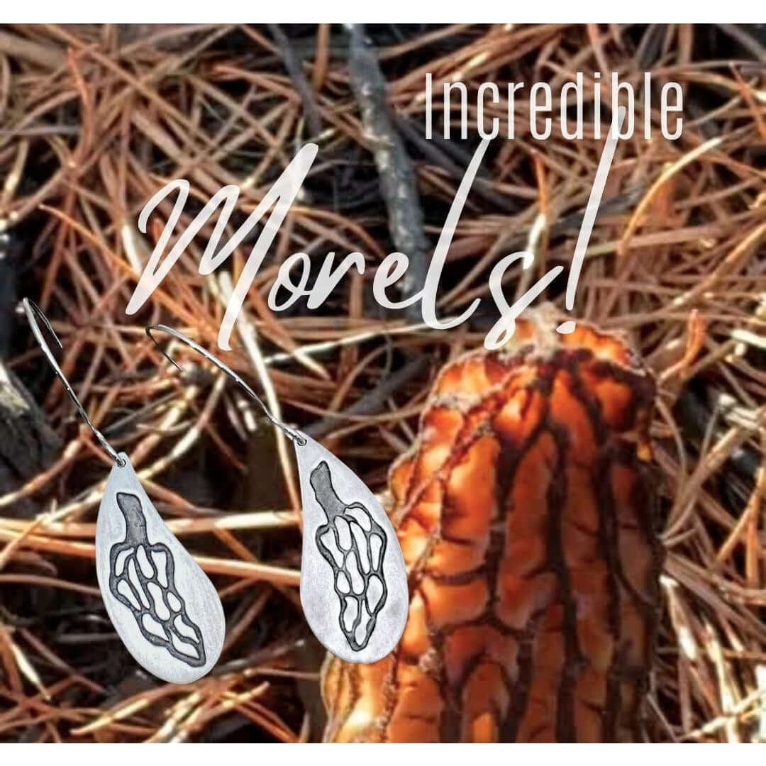 Morels Earrings- Mushroom drop earrings silver or gold displayed with morel mushroom background.