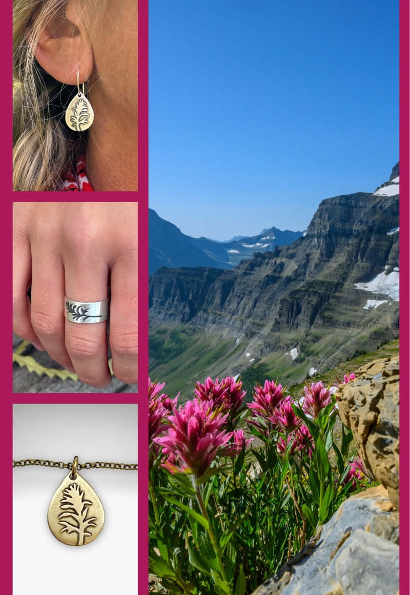 PAINTBRUSH jewelry collection featuring earrings, rings, and a pendant inspired by Montana's Indian Paintbrush flowers.