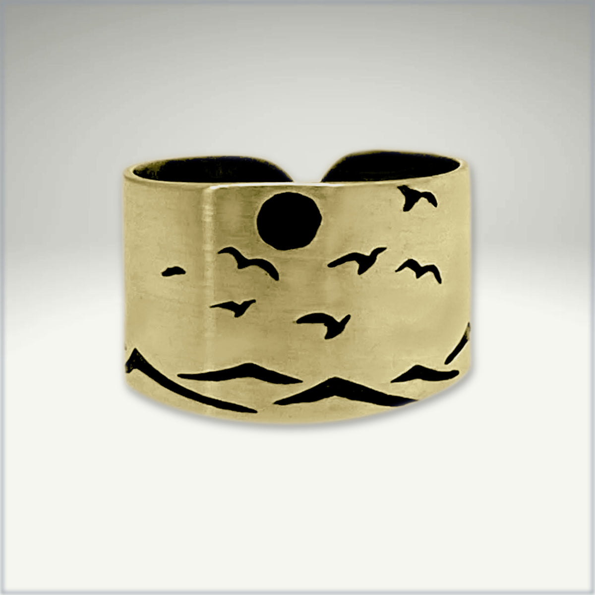 Flyover Adjustable Ring with Mountains, Waves, Full Moon and Birds