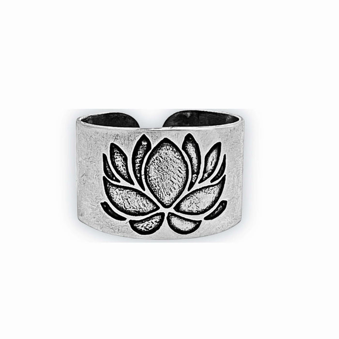 Lotus Adjustable Ring featuring intricate lotus design in matte silver finish, symbolizing elegance and beauty.